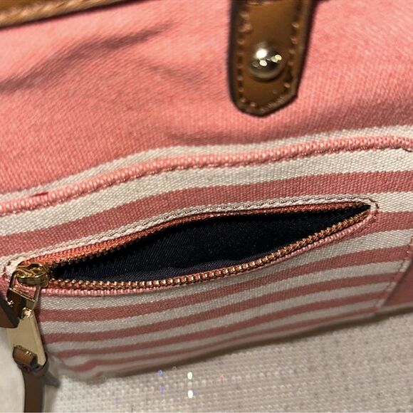 TH Ivory Coral Pink Brown Canvas Stripe Faux Leather Trim Medium Tote Handbag - Picture 6 of 15
